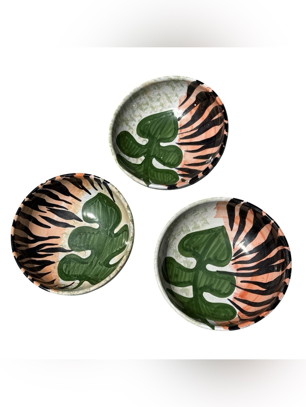 Bellini Italy Safari Jungle Bowls Set w 3 Tiger Stripe Monstera Tropical Ceramic